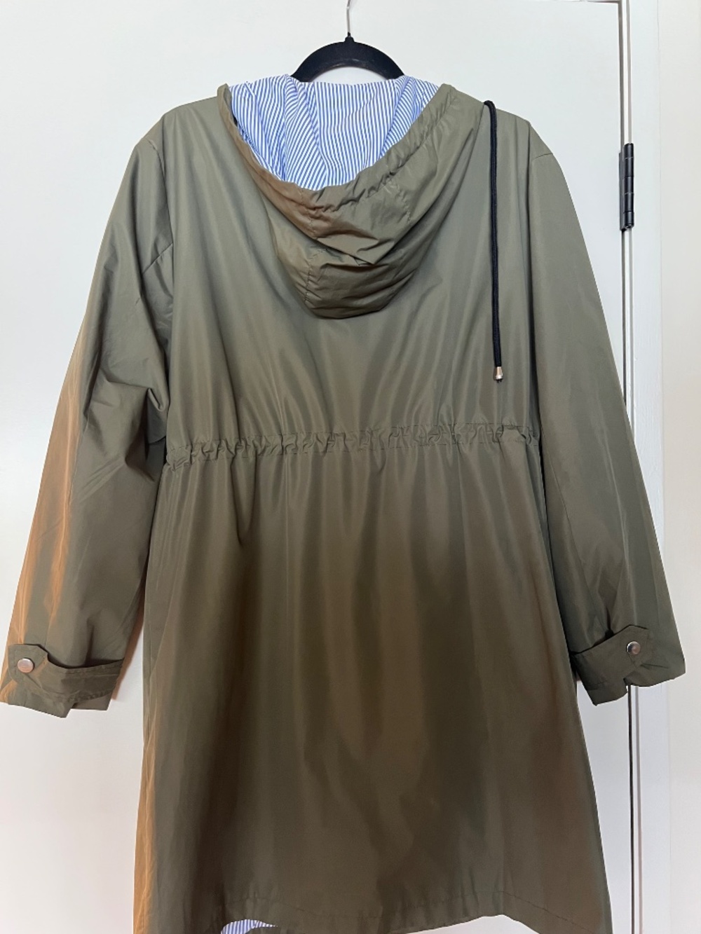Kate Kasin Olive Green Raincoat Parka Jacket Striped Lined Hooded Large - Picture 2 of 6
